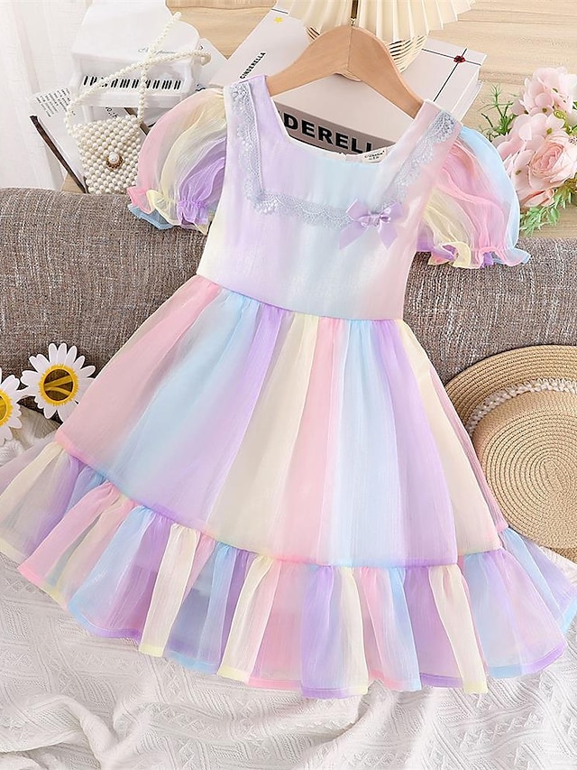 Baby & Kids Girls Clothing | Kids Little Girls Dress colour Tulle Dress Party Daily Bow Rainbow Knee-length Short Sleeve Princes