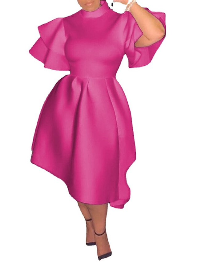 Women‘s Plus Size Curve Party Dress Solid Color Turtleneck Ruched Short