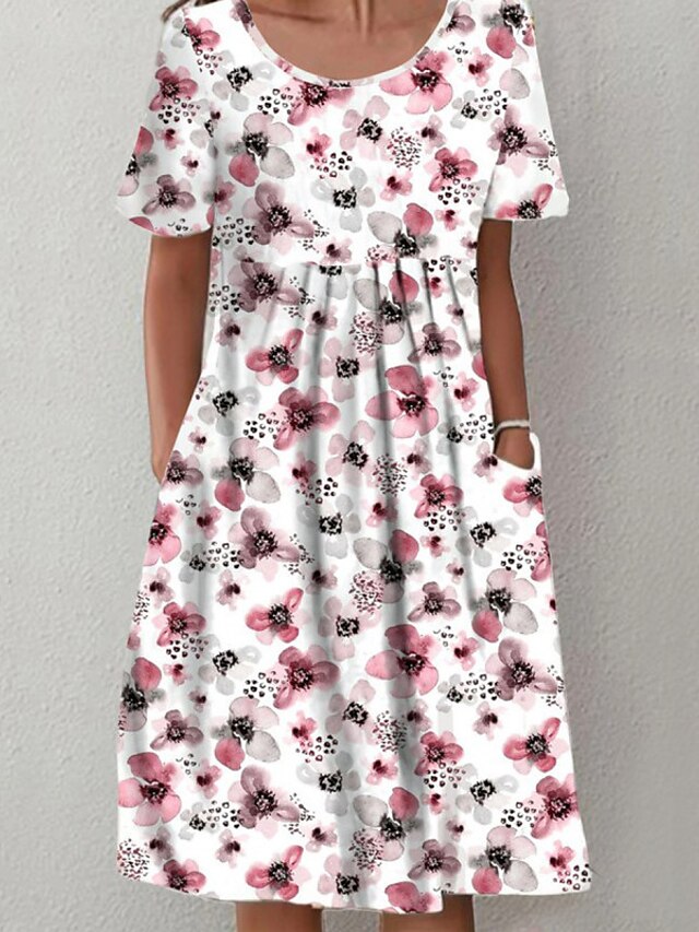 Womens Clothing Womens Dresses | Womens A Line Dress Midi Dress Pink Short Sleeve Floral Ruched Pocket Print Spring Summer Crew 