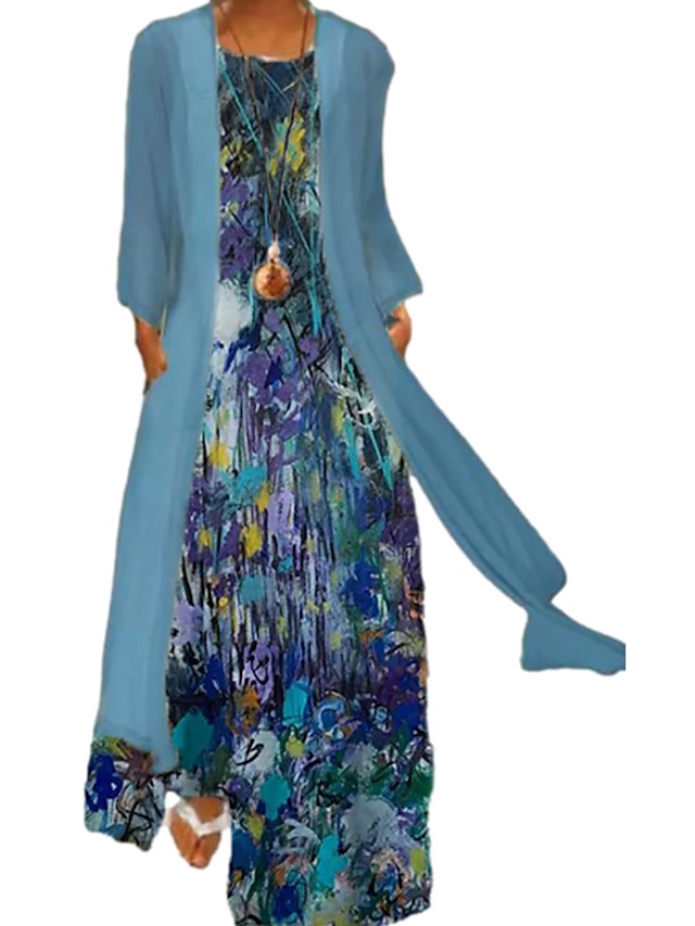 Womens Clothing Womens Dresses | Womens A Line Dress Maxi long Dress Green Blue Gray Long Sleeve Floral Tie Dye Pocket Print Spr