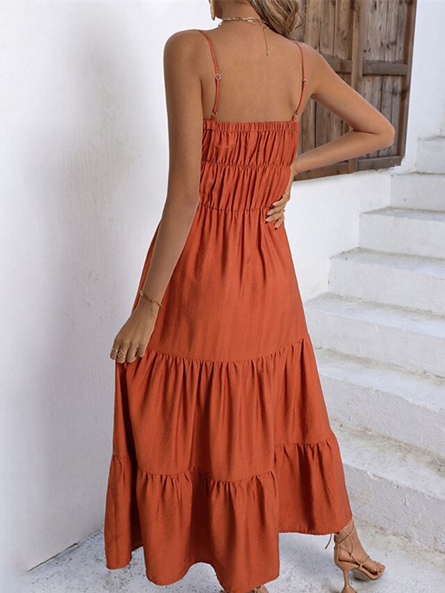 Womens Clothing Womens Dresses | Womens Swing Dress Maxi long Dress Orange Sleeveless Pure Color Backless Ruched Ruffle Spring S