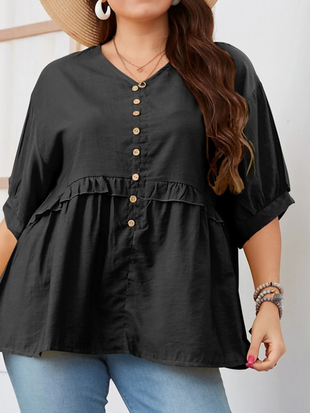 Womens Clothing Plus Size Collection | Womens Plus Size Tops Blouse Shirt Plain Ruched Button Short Sleeve V Neck Streetwear Dai