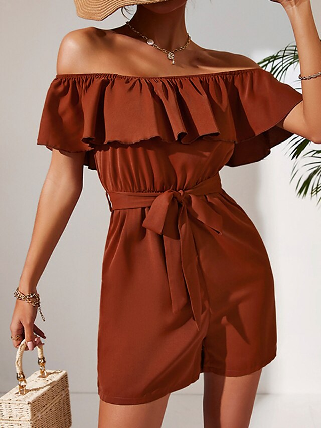 Womens Clothing Womens Jumpsuits & Rompers | Womens Romper High Waist Lace up Solid Color Off Shoulder Casual Street Daily Regul