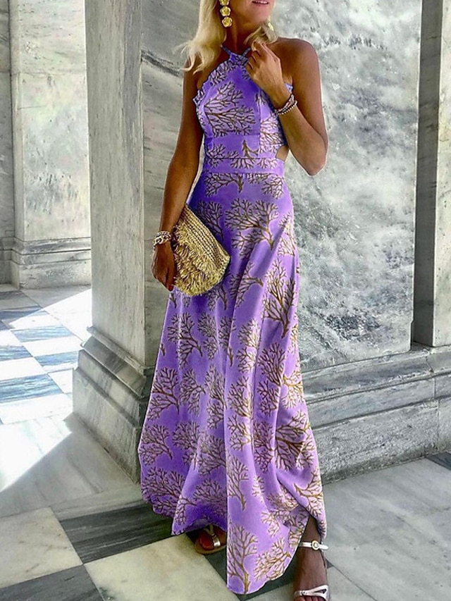 Womens Clothing Womens Dresses | Womens A Line Dress Maxi long Dress Green Purple Yellow Sleeveless Floral Print Spring Summer H