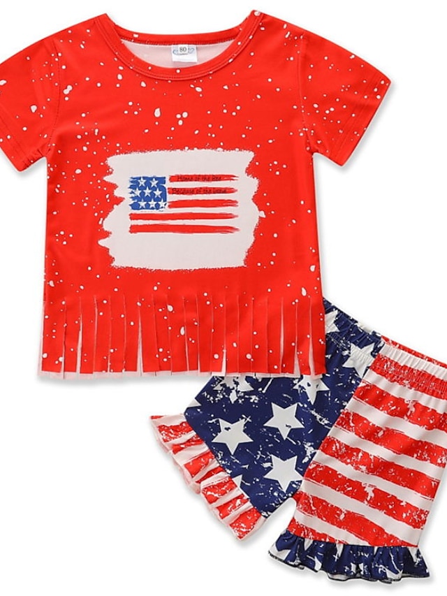 Baby & Kids Girls Clothing | Kids Girls American Independence Day T-shirt & Shorts Clothing Set 2 Pieces Short Sleeve Red Flag P