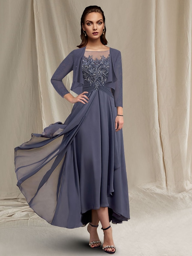 Two Piece A-Line Mother of the Bride Dress Elegant High Low Jewel Neck Asymmetrical Tea Length Chiffon Lace 3/4 Length Sleeve Wrap Included with Sequin Appliques 2024