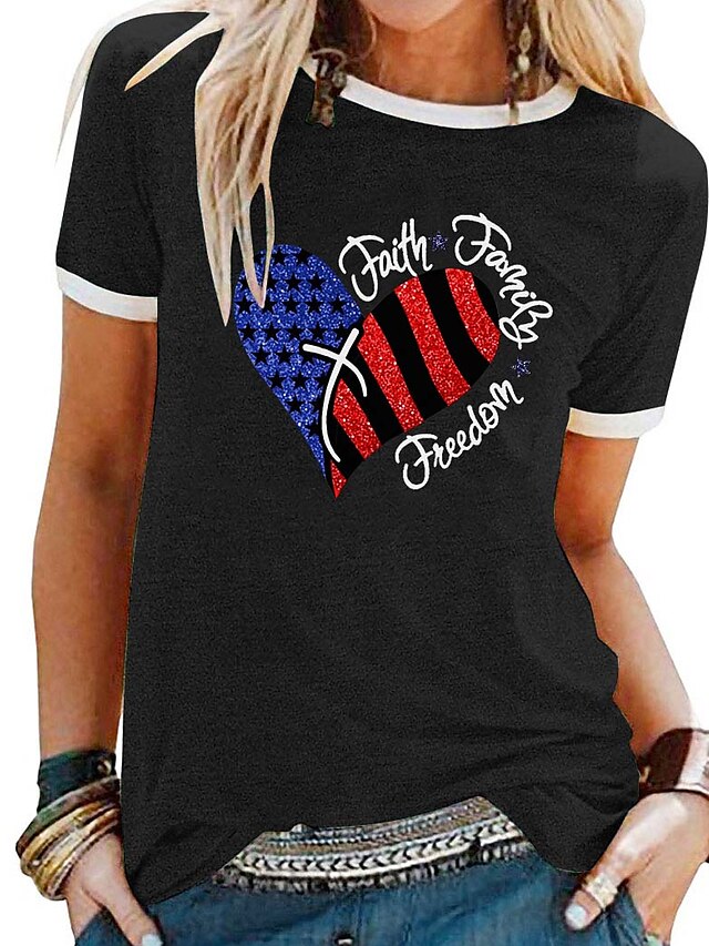 Womens Clothing Womens Tops | Womens Casual Weekend Painting T shirt Tee Heart Text Stars and Stripes Short Sleeve Print Round N