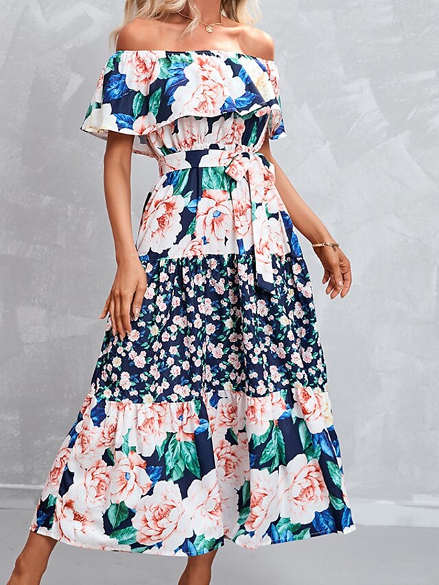 Womens Clothing Womens Dresses | Womens A Line Dress Maxi long Dress Blue Short Sleeve Floral Backless Ruffle Print Spring Summe