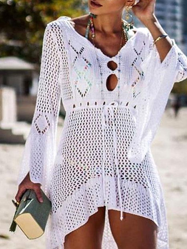  女性用 サマードレス カバーアップ 特大の かぎ針編み 旅行度假风 スポーツ 長袖 ワインレッド レイクグリーン ブラック カラー