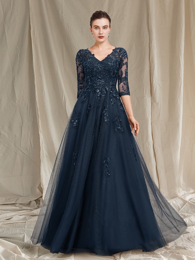  A-Line Mother of the Bride Dress Elegant Luxurious V Neck Floor Length Chiffon Lace Tulle Half Sleeve with Sequin Appliques 2024