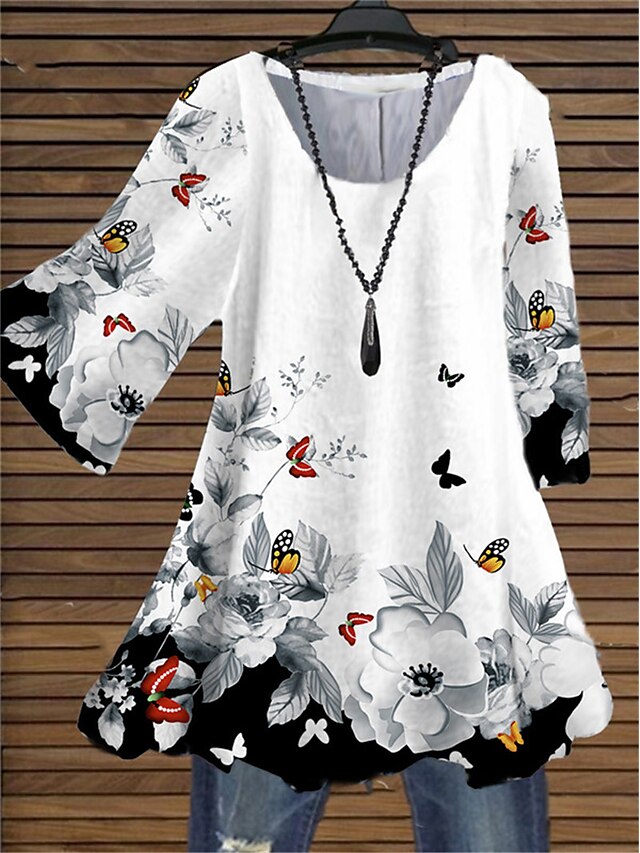 Womens Clothing Plus Size Collection | Womens Plus Size Tops Blouse Shirt Floral Butterfly Print 3/4 Length Sleeve Crewneck Stre