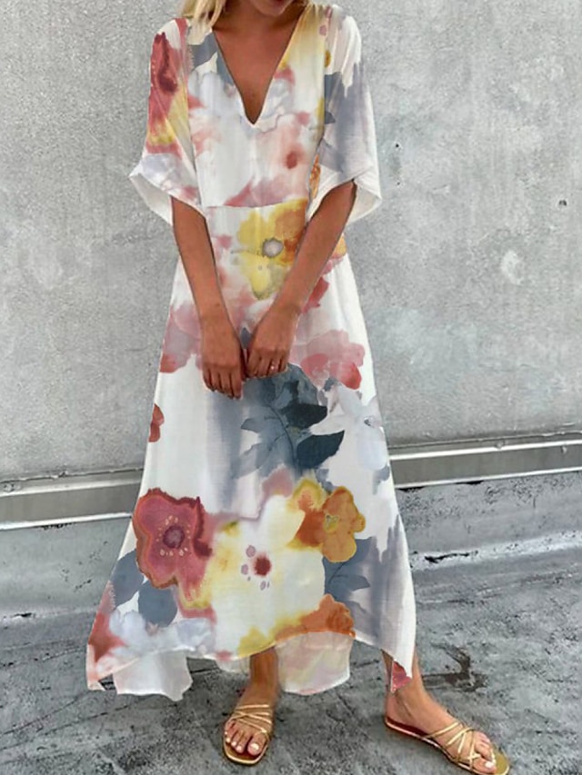 Womens Clothing Womens Dresses | Womens A Line Dress Maxi long Dress Green White Blue Khaki Half Sleeve Floral Striped Print Spr