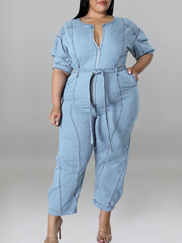 Womens Clothing Plus Size Collection | Womens Plus Size Jumpsuit Pocket Solid Color Streetwear Casual Daily High Full Length Spr