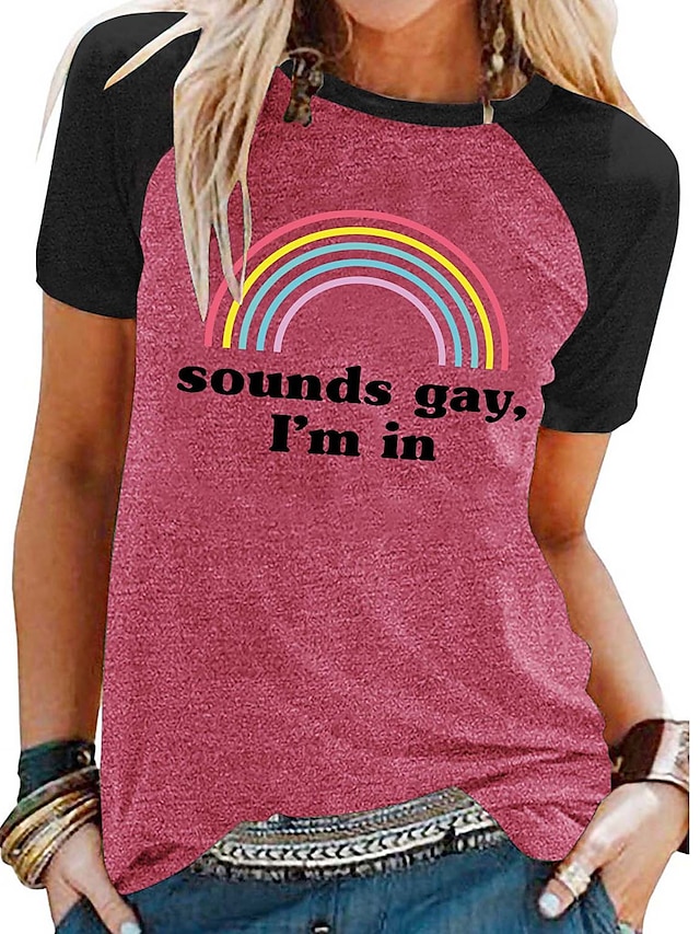 Womens Clothing Womens Tops | Womens Rainbow Text Casual Weekend LGBT Pride Painting T shirt Tee Short Sleeve Print Round Neck B