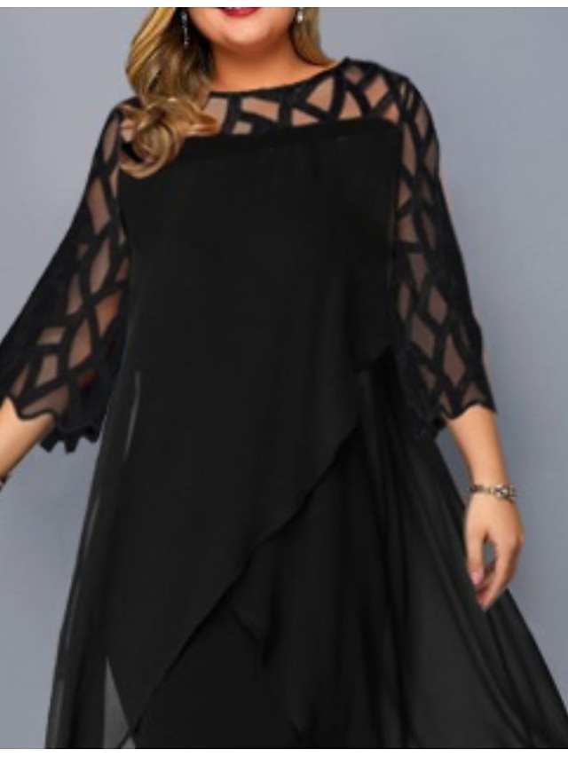 Womens Clothing Plus Size Collection | Womens Plus Size A Line Dress Solid Color Round Neck Lace 3/4 Length Sleeve Spring Summer