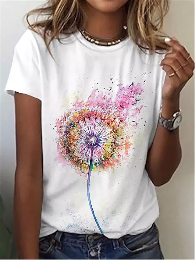 Womens Clothing Womens Tops | Womens Dandelion Casual Daily Holiday T shirt Tee Short Sleeve Patchwork Print Round Neck Basic Es