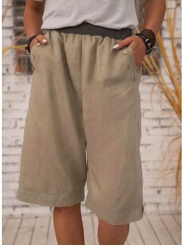  Γυναικεία Σορτσάκια Πλατύ παντελόνι ανάπαυσης Λινό Τσέπη Μεσαία Μέση σύντομο Μαύρο Καλοκαίρι