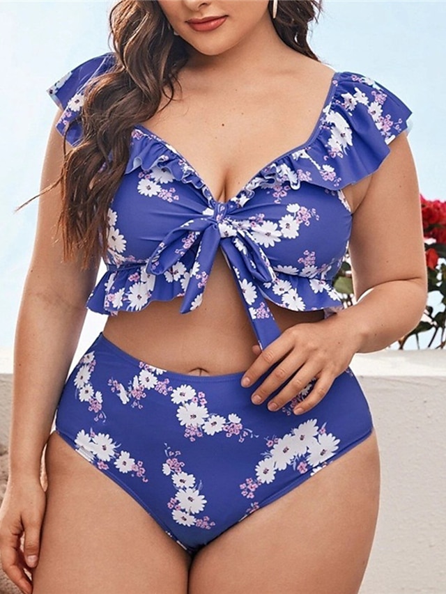 Womens Clothing Womens Swimwear | Womens Swimwear Bikini 2 Piece Plus Size Swimsuit Ruffle Open Back Printing Floral Black Blue 