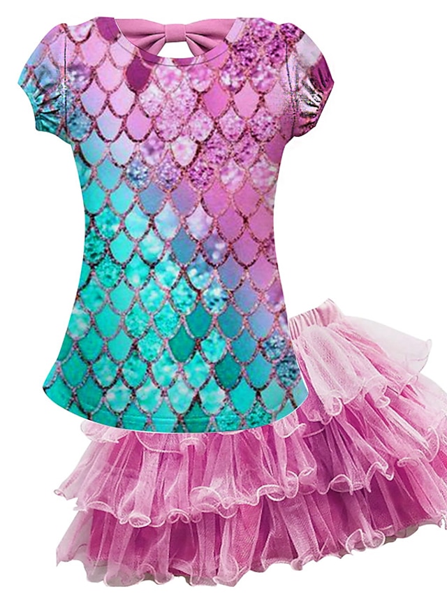 Baby & Kids Girls Clothing | Kids Girls T-shirt & Skirt Skirt Set Clothing Set 2 Pieces Short Sleeve Rainbow Mermaid Mesh Bow Pr