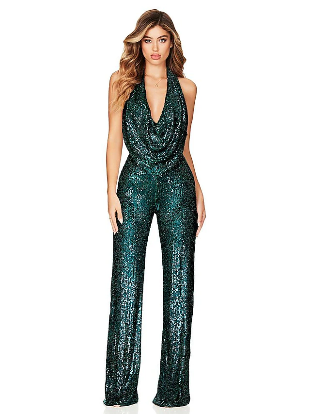 Women Party Jumpsuit Solid Color V Neck Sexy Party Christmas Going out ...