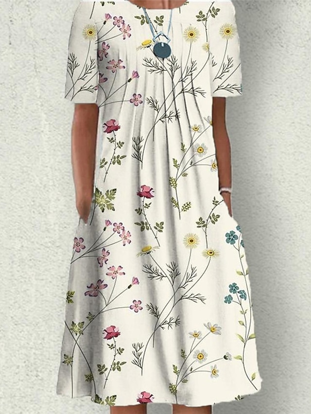 Womens Clothing Womens Dresses | Womens Shift Dress Midi Dress Beige Short Sleeve Floral Pocket Print Spring Summer Round Neck S