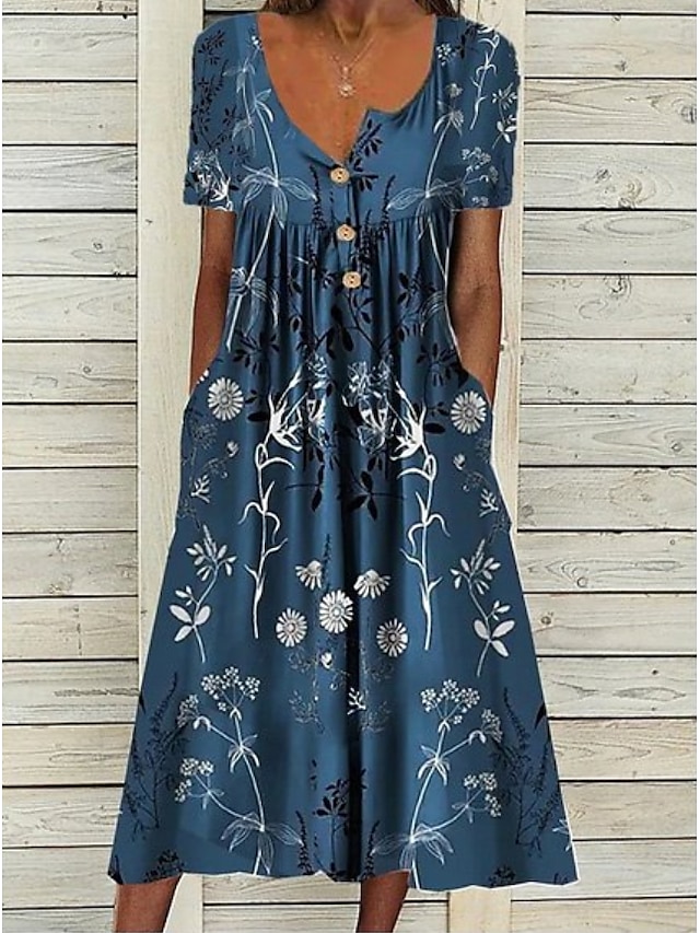 Womens Clothing Womens Dresses | Womens A Line Dress Midi Dress Navy Blue Short Sleeve Floral Print Ruched Print Spring Summer V