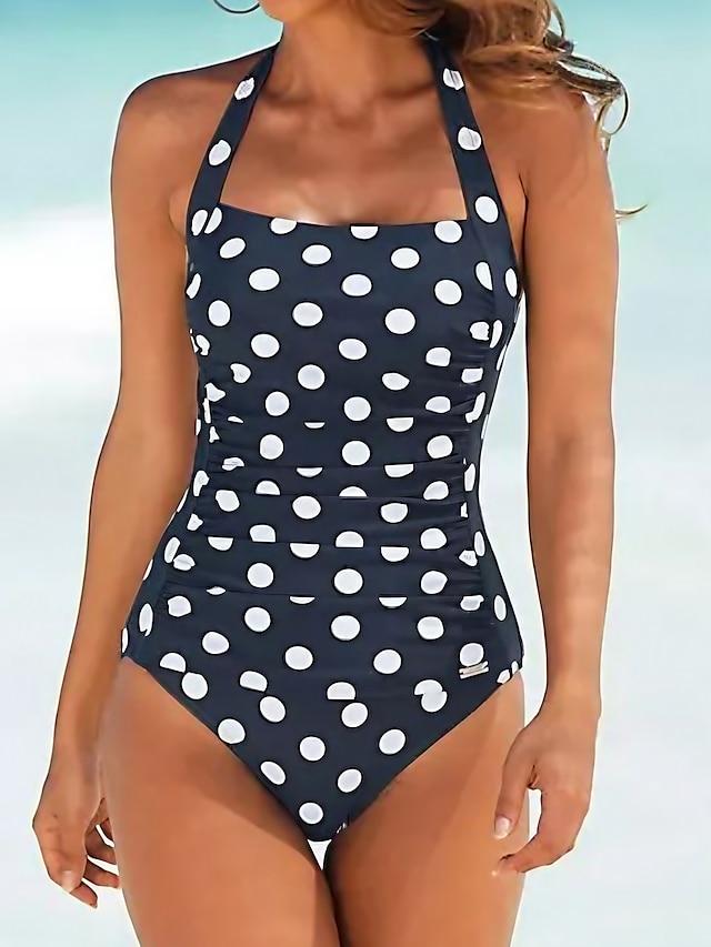  Women's Swimwear One Piece Monokini Bathing Suits Normal Swimsuit Polka Dot Tummy Control High Waisted Navy Blue Padded Bathing Suits Vacation Sexy Sports / New
