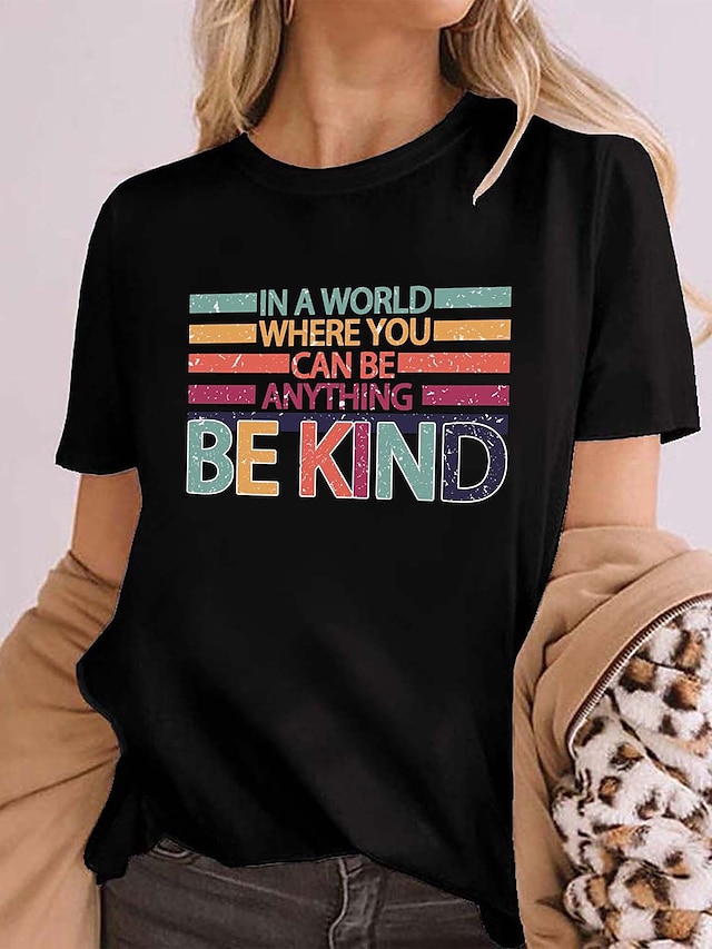 Womens Clothing Womens Tops | Womens Casual Weekend Be kind Painting T shirt Tee Striped Text Short Sleeve Print Round Neck Basi