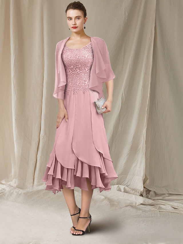 Mermaid / Trumpet Mother of the Bride Dress Luxurious Elegant High Low Jewel Neck Asymmetrical Ankle Length Chiffon 3/4 Length Sleeve with Bow(s) Pearls main image 0