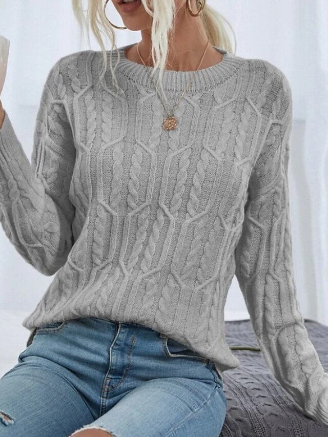 Womens Clothing Sweaters & Cardigans | Womens Sweater Jumper cable Knit Knitted Pure Color Crew Neck Stylish Casual Home Daily S