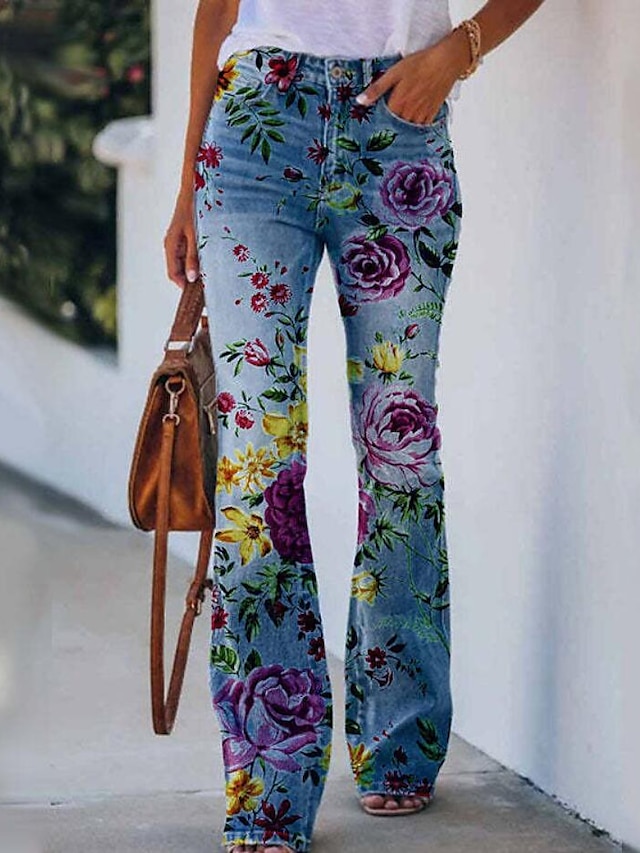  Women's Fashion Casual / Sporty Trousers Bell Bottom Print Full Length Pants Casual Daily Micro-elastic Flower / Floral Faux Denim High Waist Loose Green Blue Purple Yellow Light Green S M L XL XXL