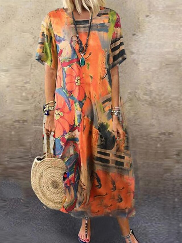 Womens Clothing Womens Dresses | Womens T Shirt Dress Tee Dress Maxi long Dress Green Blue Orange Short Sleeve Print Abstract Co