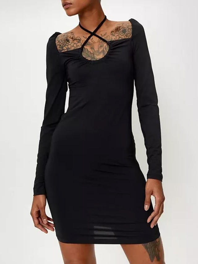 Womens Clothing Womens Dresses | Womens Bodycon Short Mini Dress Black Long Sleeve Solid Color Backless Strappy Patchwork Spring