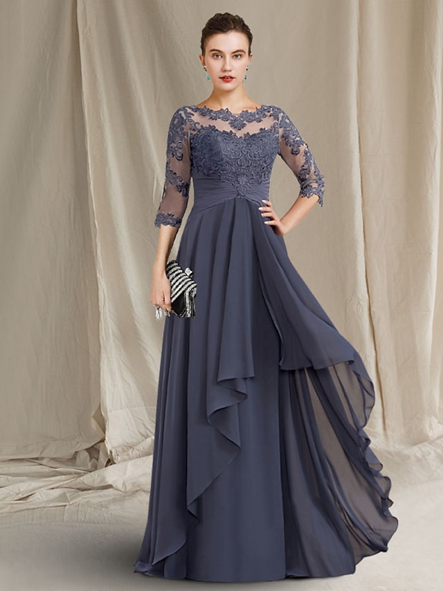 A Line Mother Of The Bride Dress Elegant Plus Size Jewel Neck Floor Length Chiffon Lace 34 