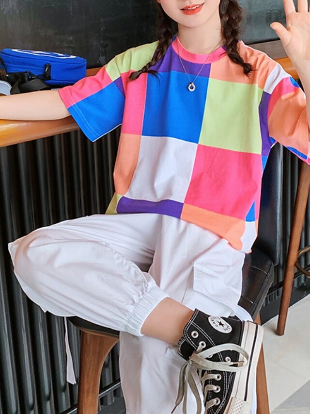 Baby & Kids Girls Clothing | Kids Girls T-shirt & Pants Clothing Set 2 Pieces Half Sleeve Multi color Plaid Color Block Print St