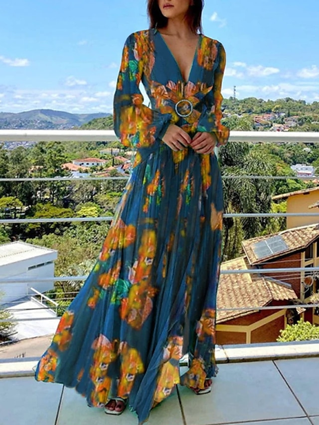 Womens Clothing Womens Dresses | Womens A Line Dress Maxi long Dress Green Blue Long Sleeve Floral Ruched Print Spring Summer V 