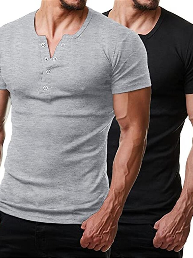 Men's Muscle Henley Shirts 2 Pack Short Sleeve Workout Gym TShirt