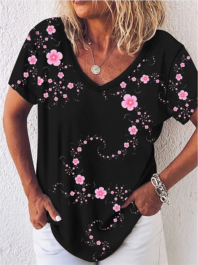 Womens Clothing Womens Tops | Womens Casual Daily Holiday T shirt Tee Flower Short Sleeve Patchwork Print V Neck Basic Tops Blac