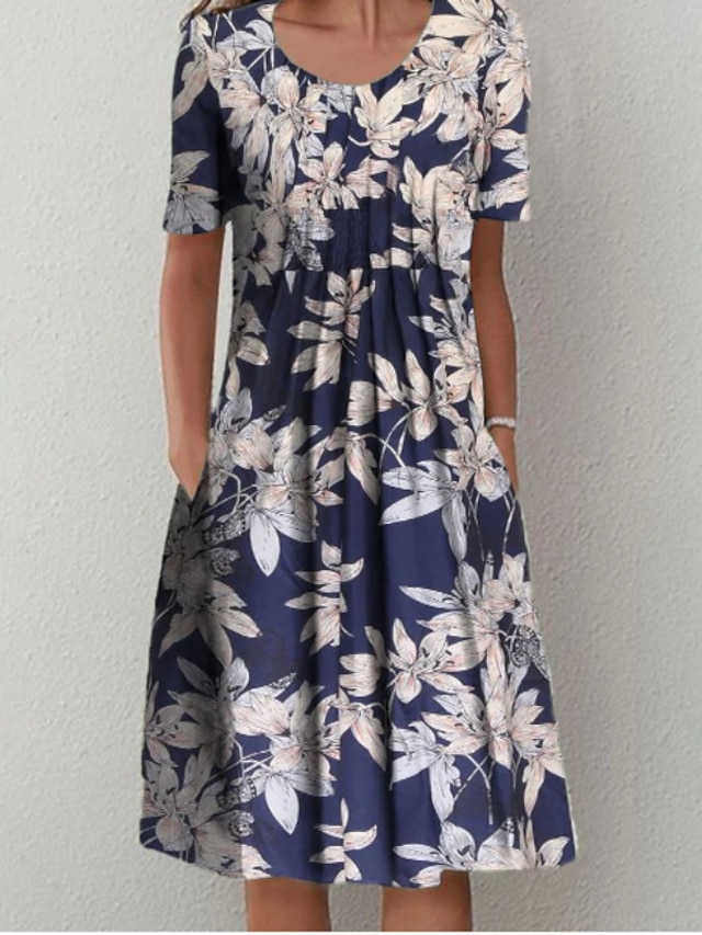 Womens Clothing Womens Dresses | Womens A Line Dress Knee Length Dress Royal Blue Short Sleeve Floral Pocket Print Spring Summer