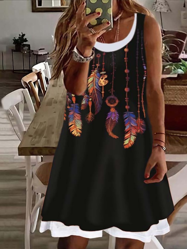 Womens Clothing Plus Size Collection | Womens Plus Size A Line Dress Print Round Neck Print Sleeveless Spring Summer Casual Shor