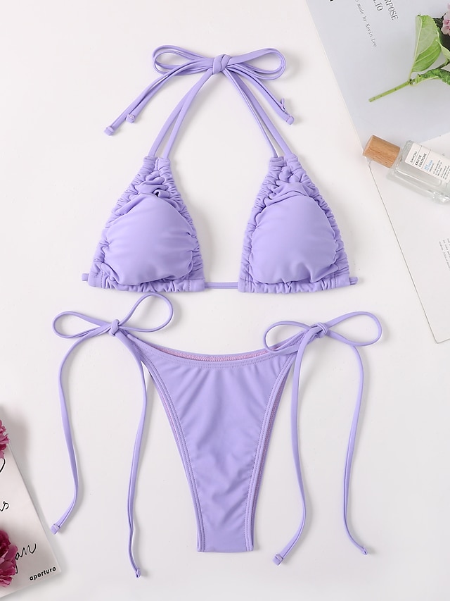 Womens Clothing Womens Swimwear | Womens Swimwear Bikini 2 Piece Normal Swimsuit 2 Piece Drawstring Solid Color Purple Padded Pl