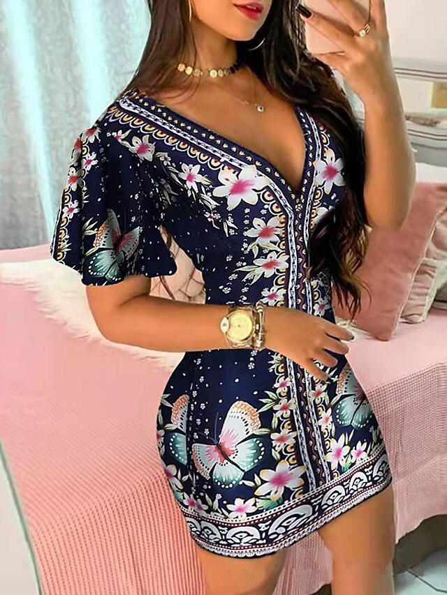 Womens Clothing Womens Dresses | Womens Bodycon Short Mini Dress Navy Blue Short Sleeve Floral Print Spring Summer V Neck Stylis