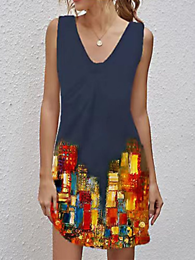 Womens Clothing Womens Dresses | Womens Sheath Dress Short Mini Dress Dark Blue Orange Red Light Blue Sleeveless Print Color Blo