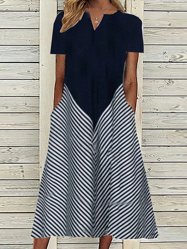 Womens Clothing Womens Dresses | Womens A Line Dress Midi Dress Blue Short Sleeve Striped Geometric Pocket Print Spring Summer V