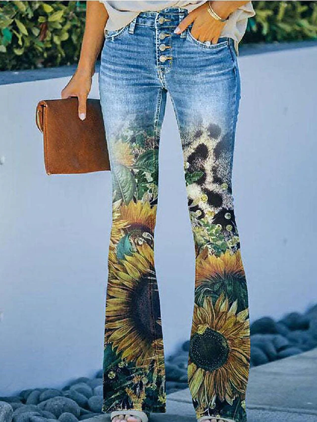 Women's Jeans Bootcut Flared Pants Full Length Faux Denim Print High ...