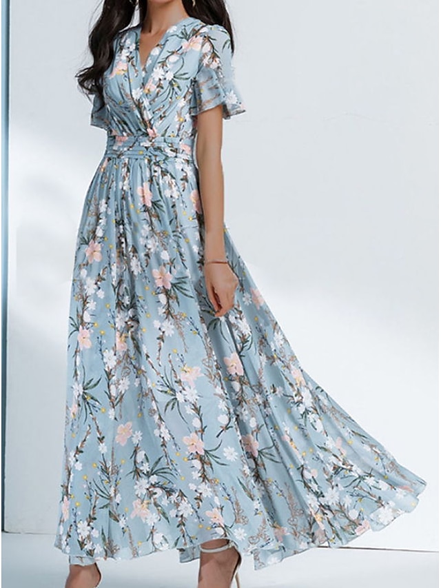 Women's Casual Dress Midi Dress Blue Short Sleeve Floral Print Spring ...
