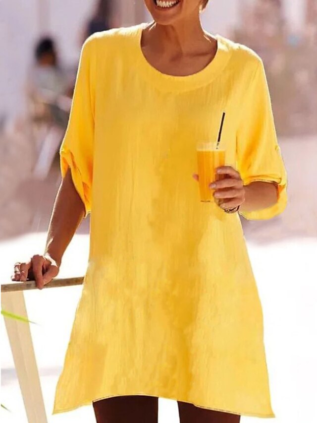 Womens Clothing Womens Dresses | Womens T Shirt Dress Tee Dress Short Mini Dress White Gray Yellow 3/4 Length Sleeve Pure Color 