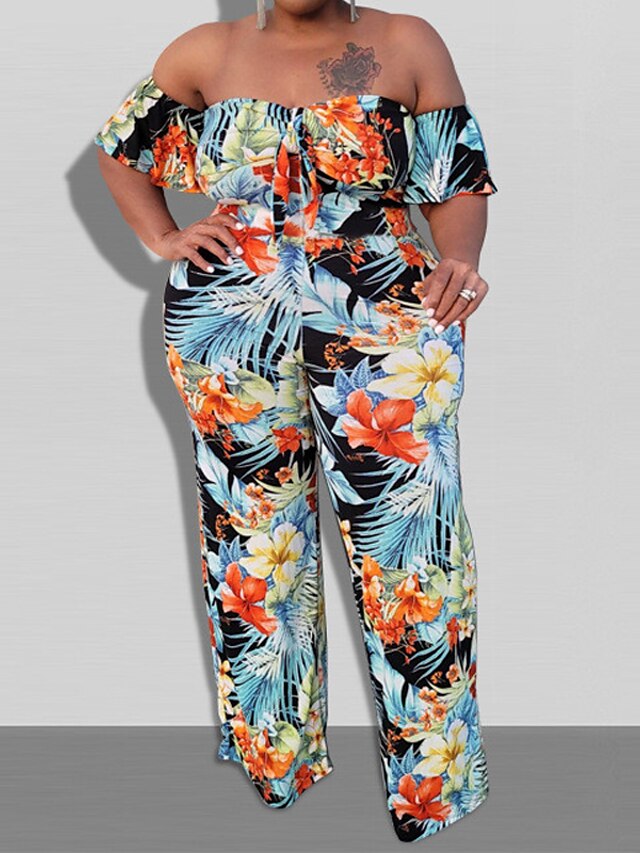 Womens Clothing Plus Size Collection | Womens Plus Size Jumpsuit Ruffle Print Floral Tropical Tropical Leaf Vacation Streetwear 