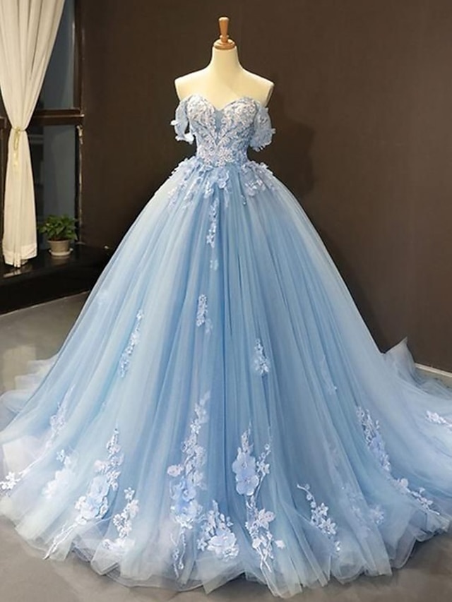  Ball Gown Prom Dresses Floral Dress Wedding Quinceanera Court Train Short Sleeve Sweetheart Lace with Pleats Appliques 2024