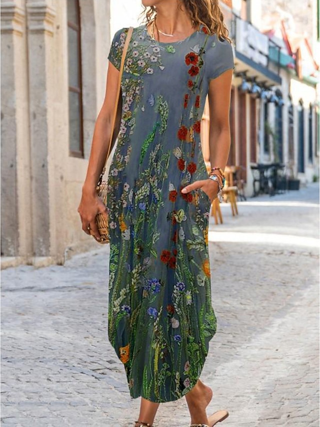 Womens Clothing Womens Dresses | Womens A Line Dress Maxi long Dress Short Sleeve Floral Print Summer Round Neck Classic 2022 S 